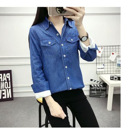 2022 Casual winter Autumn warm thick fleece denim Blouses Women Ladies Tops Women Blouses Long Sleeve Shirt clothe S-3XL