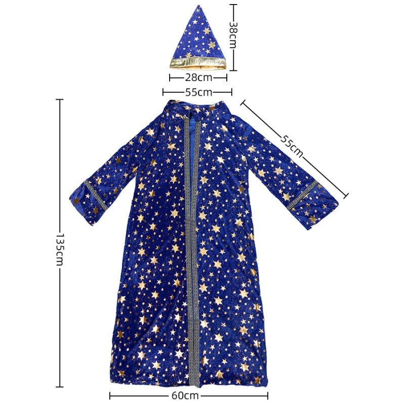 Halloween Wizard Costume Velvet Long Robe Blue Gold Star Print Cloak With Pointed Hat Adult Cosplay Fancy Party Dress Up Outfit