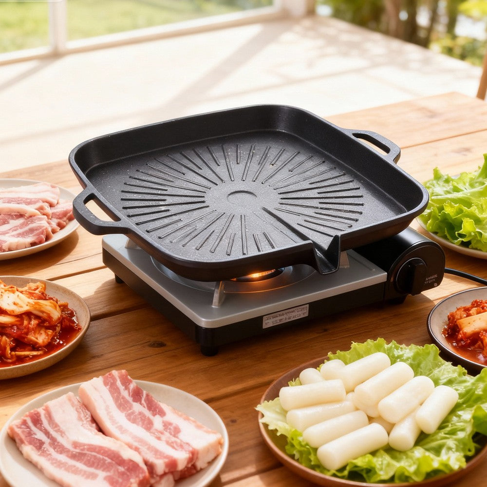 KOSUN Non-stick Barbecue Pan Stone Coated Cast Aluminum Korean Grill Pan Guipan Pot with Pour Mouth for Gas and Induction Stove