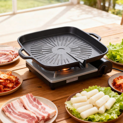 KOSUN Non-stick Barbecue Pan Stone Coated Cast Aluminum Korean Grill Pan Guipan Pot with Pour Mouth for Gas and Induction Stove