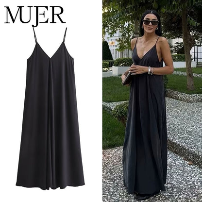 MUJER Black Slip Long Dresses for Women Red Draped Summer Dress Woman 2025 Sexy