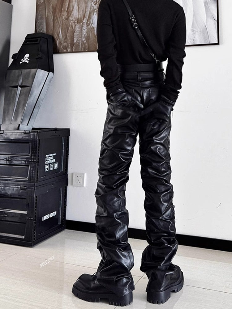 Mauroicardi Spring Autumn Cool Long Ruched Soft Black Pu Leather Stacked Pants for Men Luxury Designer Cyberpunk Rock Clothes