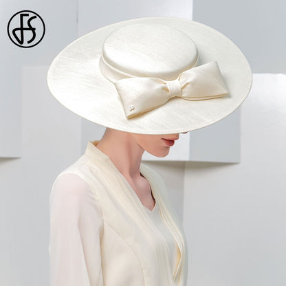 FS Elegante Chapéu de Aba Larga Marfim Feminino Grande Laço Ocasião Formal Kentucky Boné Feminino Casamento Coquetel Festa Fedora de Topo Reto 2024