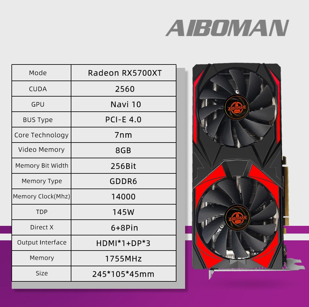 AIBOMAN NOVA AMD RX5700XT 8GB GDDR6 256Bit 7nm Placa de Vídeo para Jogos PCI Express 4.0x16 Montagem de Computador de Mesa