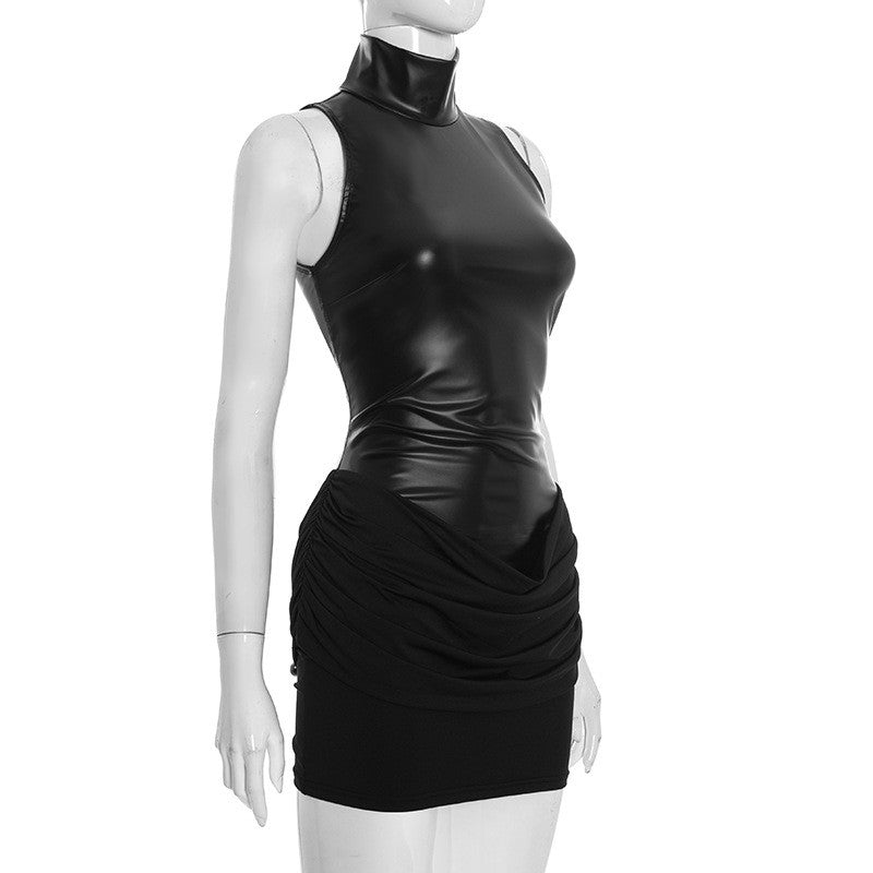 Nsauye Women Basic Pullover Casual Turtleneck Short Wrap PU Leather Y2K Dress 2026 Spring Summer Sexy Club Party Evening Dress