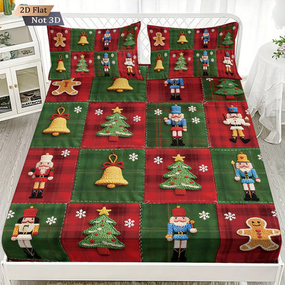 Conjunto de 3 peças de lençol sem elástico com estampa de Natal e emenda de tecido, vários tamanhos, colcha macia, decoração de quarto, lavável à máquina