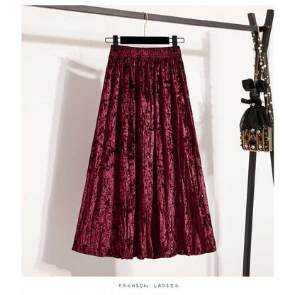 Plus Size Plus Size Women's Velvet Pleated A- Line Midi Skirt Autumn Winter Slimming Half-length Versatile Fashionable Commut...