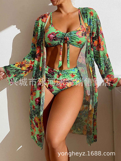 Bohemian Print Sexy Women's Beach Bikinis Three Pieces Bikini Set Cover Up Swimwear High Waisted Bikini Set Women Swimsuit 2025