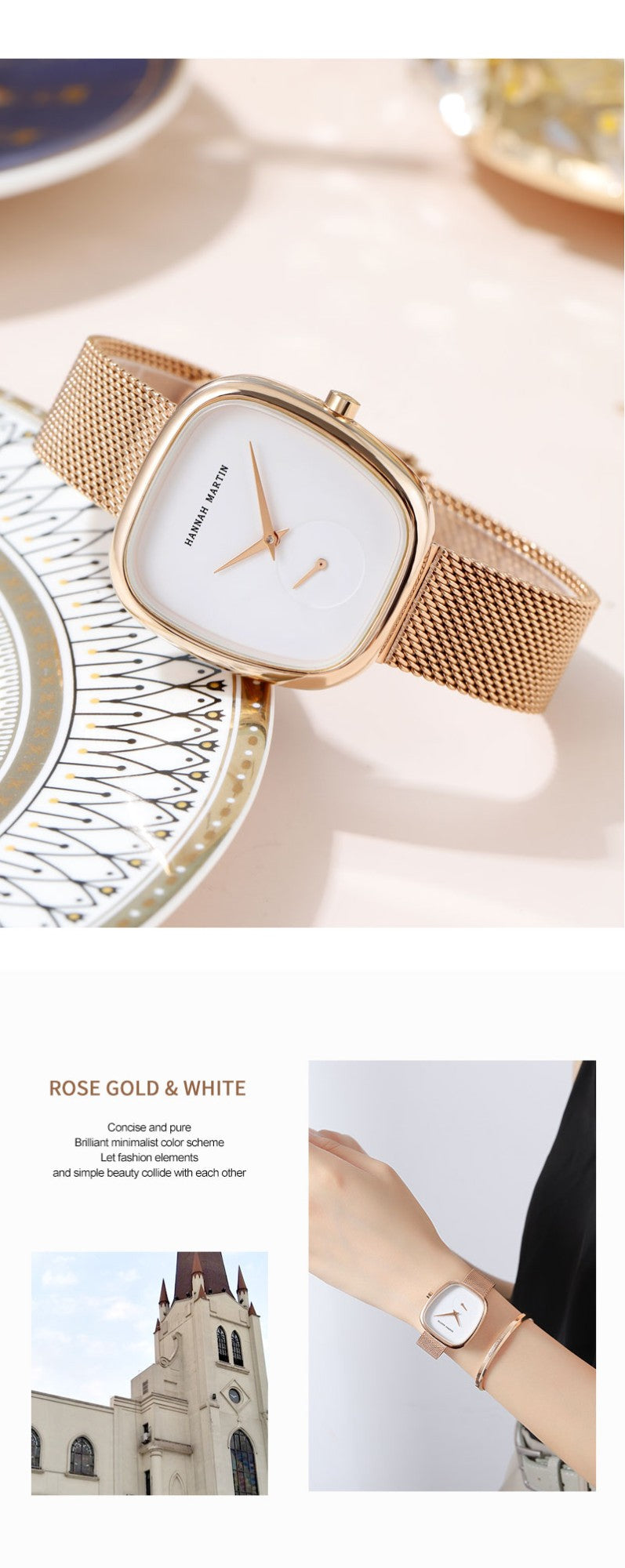 HANNAH MARTIN Brand Original Luxury Women Watch Rose Gold Fashion Stainless Steel Quartz Movement Waterproof Women Dress Watches