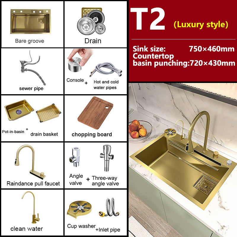 Stainless Steel Golden Kitchen Sink Multifunctional Waterfall Outlet Single Slot Piano Button Digital Display