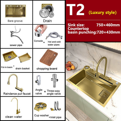 Stainless Steel Golden Kitchen Sink Multifunctional Waterfall Outlet Single Slot Piano Button Digital Display