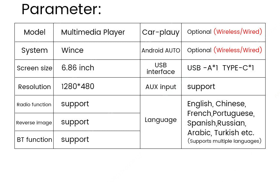 MEKEDE 1Din 6.86 polegadas Carplay Android Auto Rádio Automotivo Universal Reprodutor Multimídia com BT FM Estéreo USB Tipo-C Câmera Unidade Principal