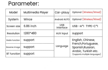 MEKEDE 1Din 6.86 polegadas Carplay Android Auto Rádio Automotivo Universal Reprodutor Multimídia com BT FM Estéreo USB Tipo-C Câmera Unidade Principal