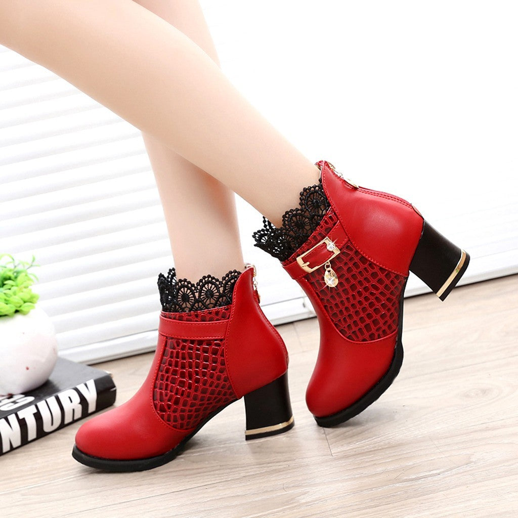 Women'S Ladies Boots Fall Winter Vintage Leather Lace Short Boots Shoes Women'S Fashion Lace Trim Boots Mid-Heeled Boots