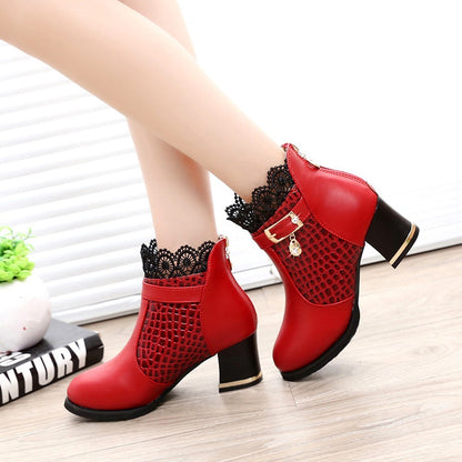 Women'S Ladies Boots Fall Winter Vintage Leather Lace Short Boots Shoes Women'S Fashion Lace Trim Boots Mid-Heeled Boots