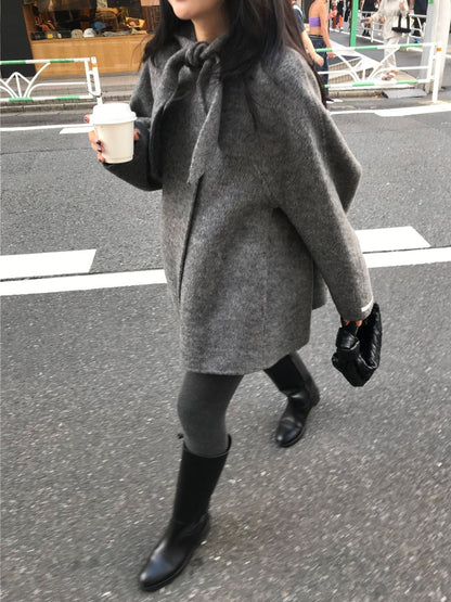 Korean Sle Woolen Coat Women's Chic Temperament Sweet Bow Tie Collar Hooded Warm Woolen Coat Long Sve Mid-Length