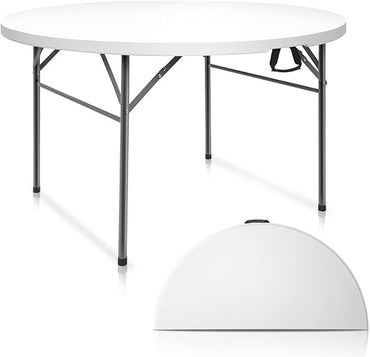 White 48 Round Bi-Folding Commercial Table, 4 Feet Portable Plastic Dining Card Table for Kitchen or Outdoor Party Weddin