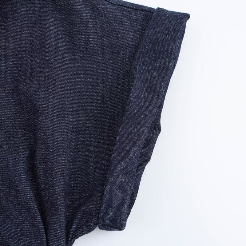 ETJ 2025  Spring New 1975 series denim MIDI dress with lapel side zipper fashion wrinkle waist slim elegant dress