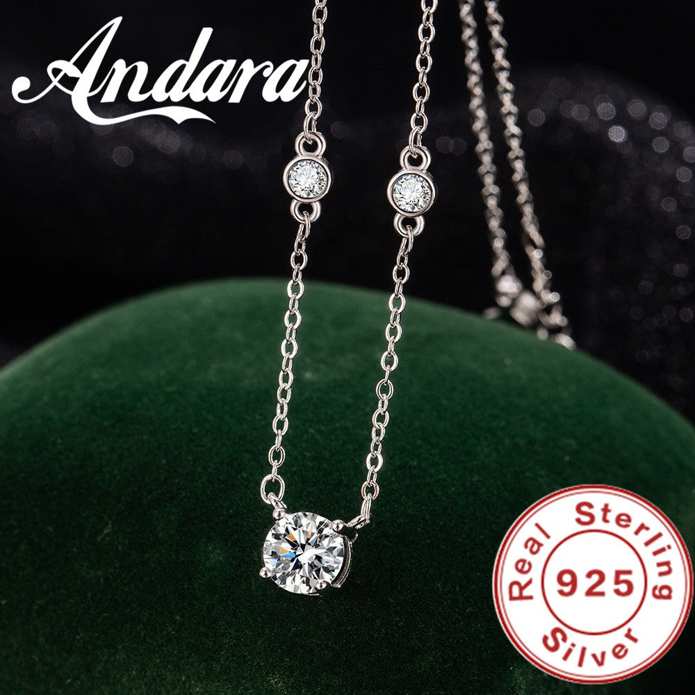 Andara 925 Sterling Silver Necklace Four Claw Zircon Pendant Women'S Elegant Necklace Exquisite Anniversary Party Wedding Gift