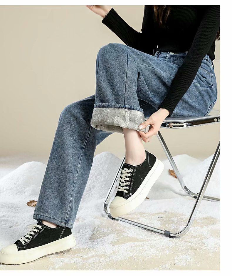 Thickened Fleece Lined Retro Women's Wide Leg Jeans Winter New Style Hong Kong Flavor Small Size Straight Cut Warm Trousers
