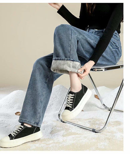 Thickened Fleece Lined Retro Women's Wide Leg Jeans Winter New Style Hong Kong Flavor Small Size Straight Cut Warm Trousers