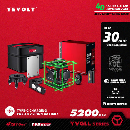 Nível a Laser Verde YEVOLT YVGLL4XS16 Series 4 Planos 16 Linhas Autonivelante 360 3D Ferramentas de Medição de Potência Horizontal e Vertical
