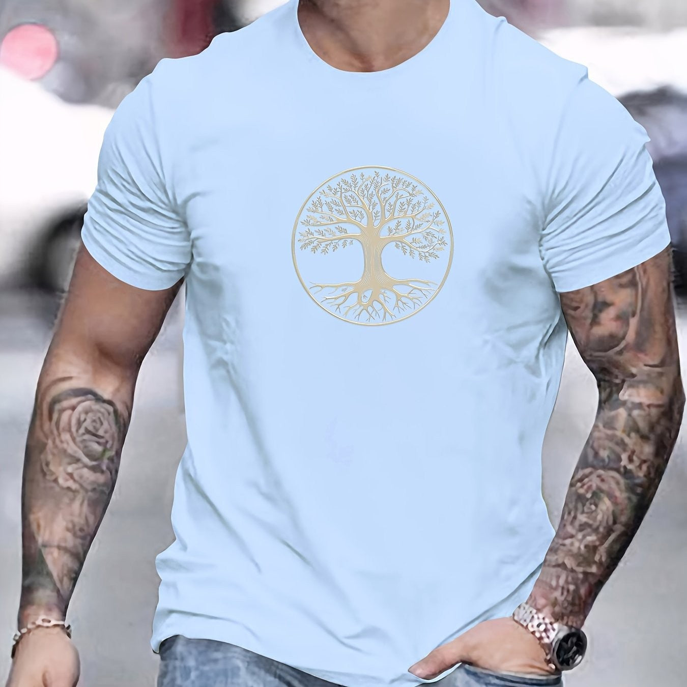 Men's summer 100% pure cotton fashionable casual sports wide pine pattern printed sports round neck short sleeved T-shirt top