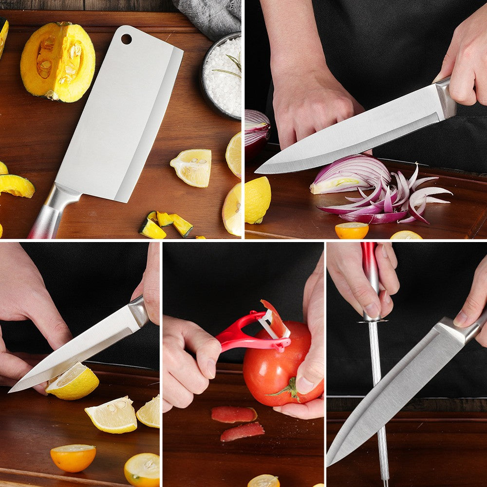 MDHAND 9 Peças Conjunto de Blocos de Facas de Aço Inoxidável com Afiador Cortar Fatiar Frutas Carne Cutelo Faca Utilitária Facas Acessórios