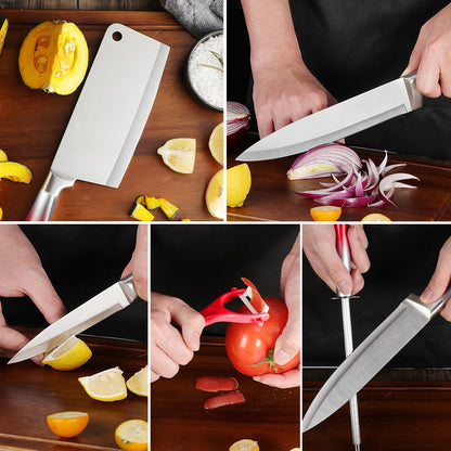MDHAND 9 Peças Conjunto de Blocos de Facas de Aço Inoxidável com Afiador Cortar Fatiar Frutas Carne Cutelo Faca Utilitária Facas Acessórios