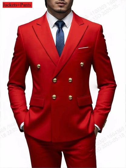 Double Breasted Light Gray Suit Men Wedding Prom Party Business Groom Tuxedo Wedding Suit (Blazer+Pant)