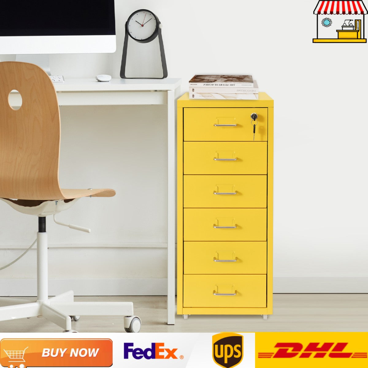 Gaveteiro de Metal com Rodas e Fechadura | Armário para Documentos com 6 Gavetas para Escritório em Casa, com Rodas | Branco-sujo/Verde/Amarelo