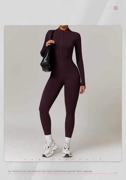 Women's Long Sleeved One-piece Sportswear Zipper Yoga Rompers Gym Jumpsuits Workout High-intensity Skin-tight Fitness Garment