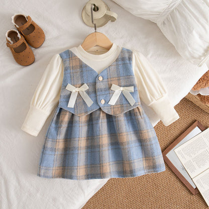 9 Months -3 Years Old Spring And Autumn New Plaid Baby Girl Dress, Sweet Bow Children'S Long Sleeved Clothes