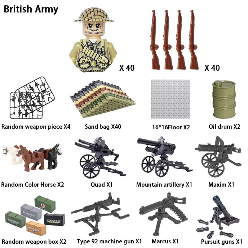 Brinquedos de blocos de montar para crianças: Modelos de Mini Armas de Exército Nacional de Guerra de Soldados de Infantaria da Segunda Guerra Mundial
