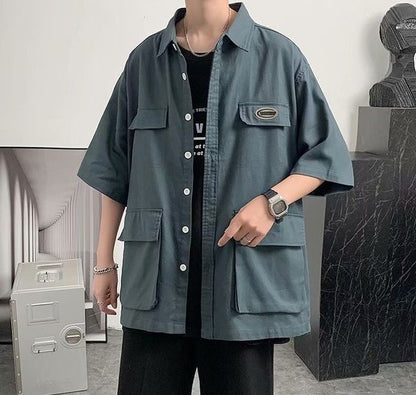 Shirts For Men With Pocket Cargo Man Shirt Loose Korean Style Casual Asia Cool Hipster Original Half Sleeve Fashion Collar I Xxl