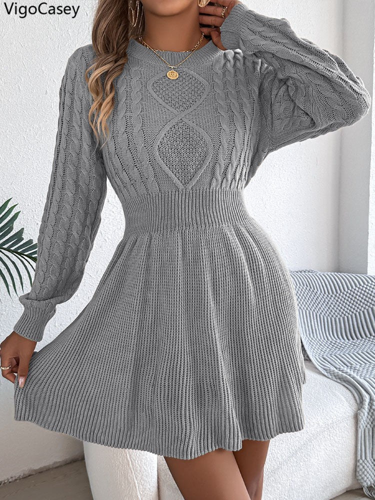 VigoCasey 2025 Grey O Neck Casual Knit Dress Women Solid Long Sleeve Short Dress Autumn Winter Lady Bodycon Knitted Dresses