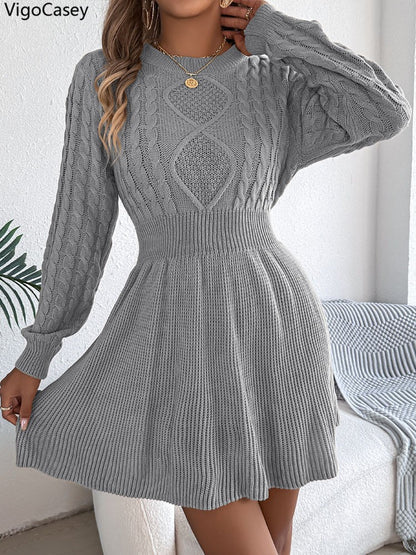 VigoCasey 2025 Grey O Neck Casual Knit Dress Women Solid Long Sleeve Short Dress Autumn Winter Lady Bodycon Knitted Dresses