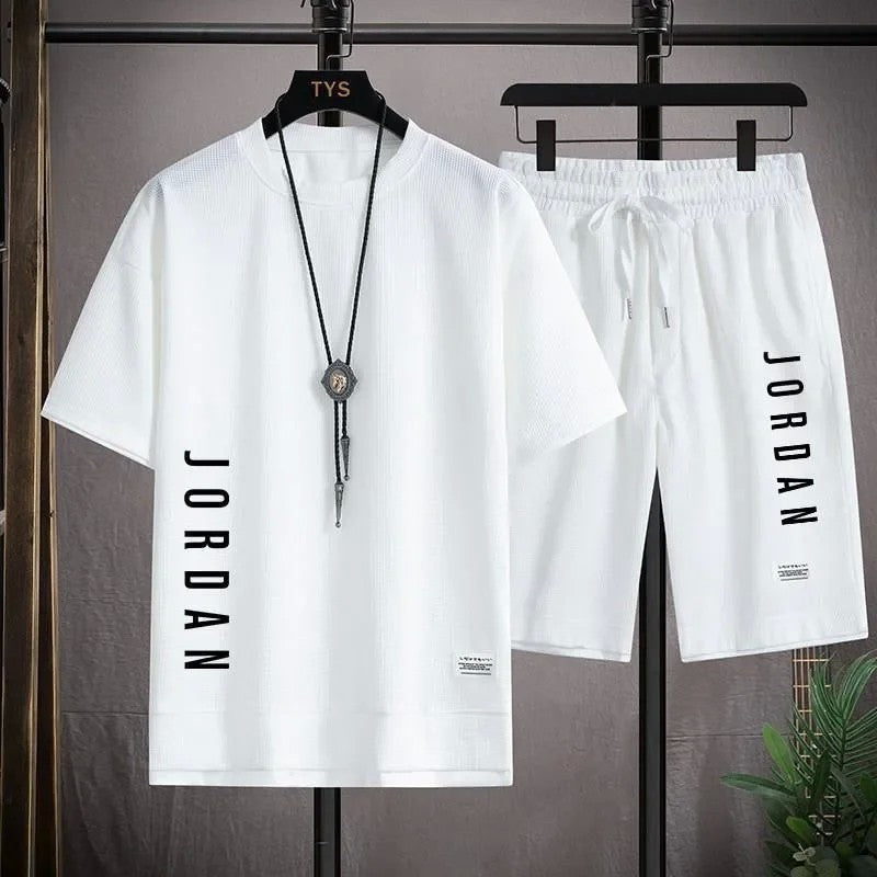 Summer men breathable quick dry jogging basketball sports suit fashion short-sleeved casual crewneck T-shirt + shorts two-piece