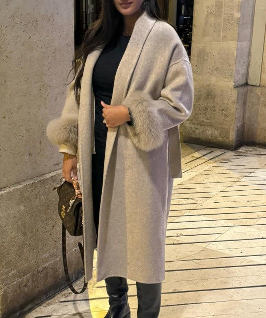 Casacos Curtos de Lã Elegantes com Cadarço Sólido Lapela Solta Cinto Peludo Manga Longa Jaqueta Feminina 2025 Outono Inverno Lady Chique Cardigãs