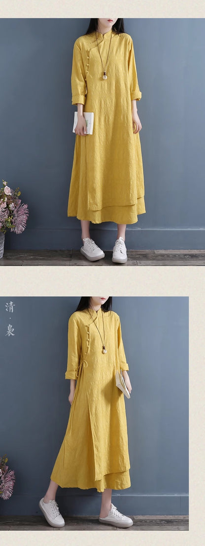 NYFS 2025 Spring Autumn New Womens Dresses Vestidos Robe Elbise Loose Plus Size Cotton Linen Double Layer Long Dress