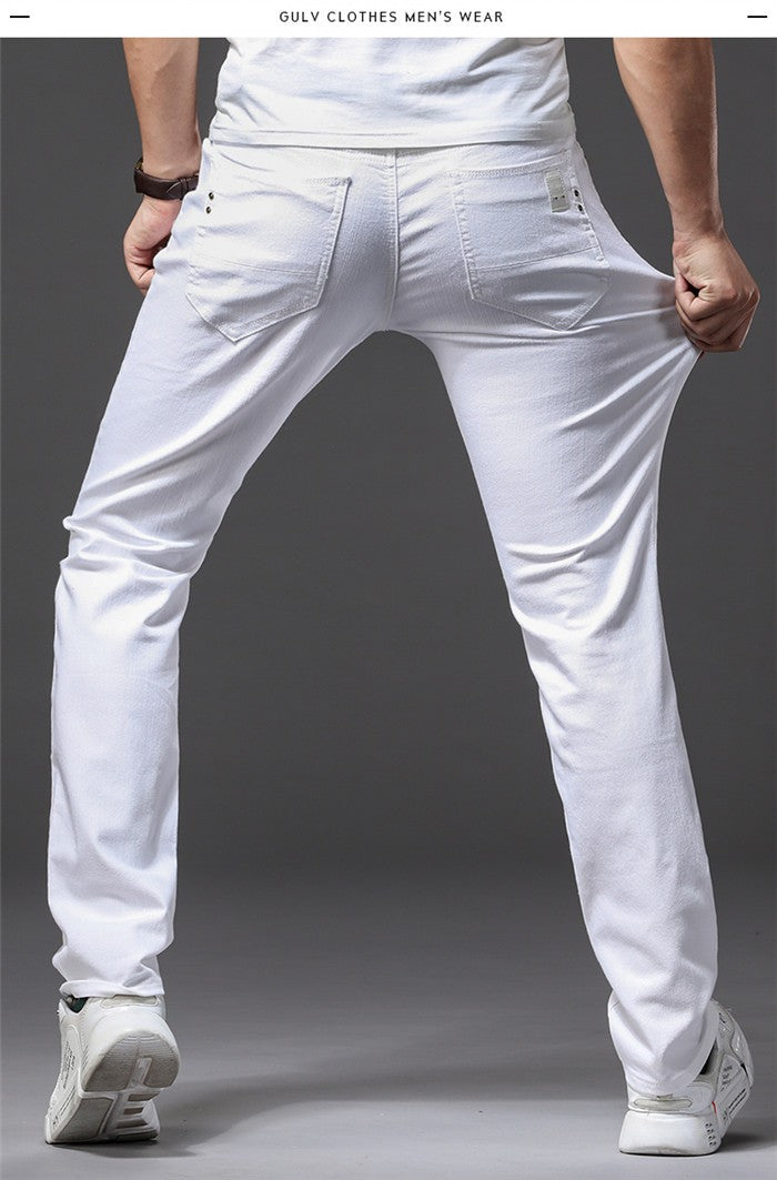 Calça Jeans Masculina Branca Casual Clássica Slim Fit Macia Marca Masculina Avançada Stretch