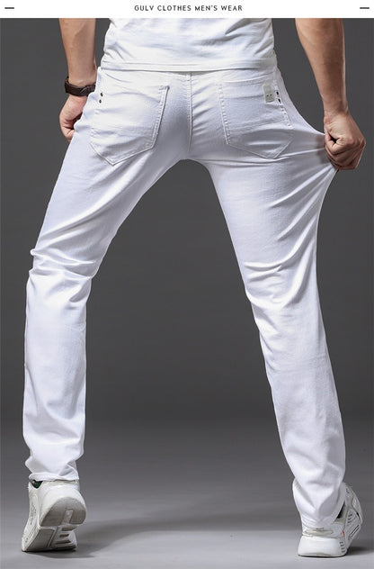 Calça Jeans Masculina Branca Casual Clássica Slim Fit Macia Marca Masculina Avançada Stretch