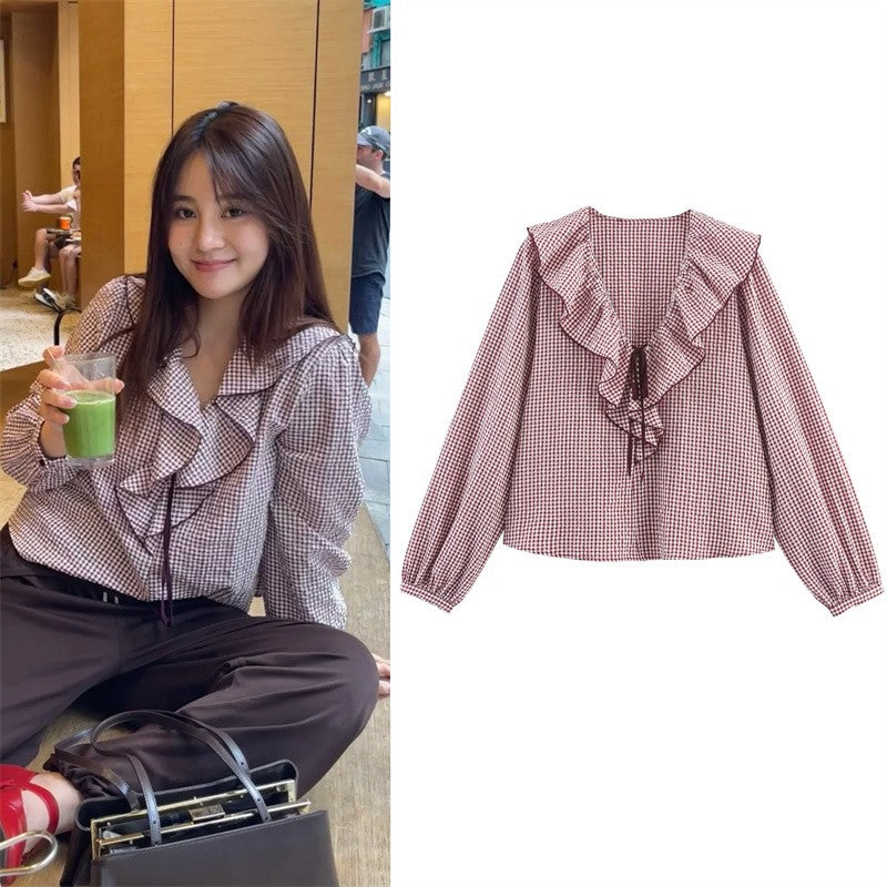 Women's Shirt Fall 2025 New Red Check Long Sleeve Stacked Decoration Pastoral Collegiate Shirt Casual Fashion Lively Personality