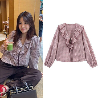 Women's Shirt Fall 2025 New Red Check Long Sleeve Stacked Decoration Pastoral Collegiate Shirt Casual Fashion Lively Personality