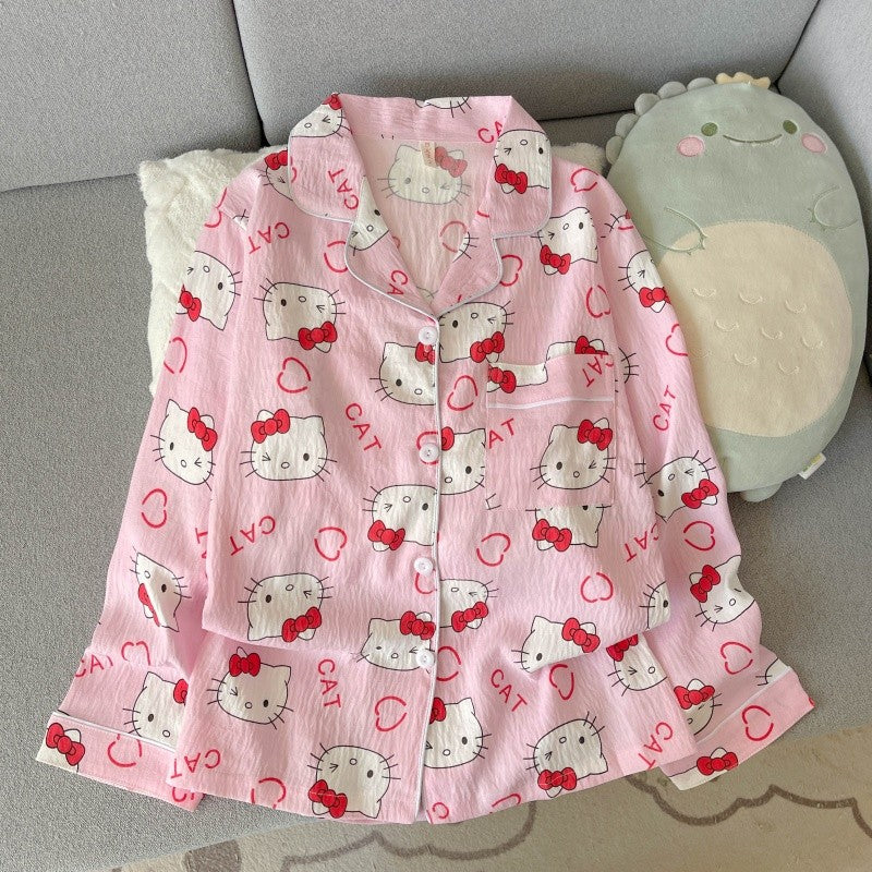 Cartoon Hello Kitty Pajamas Set Women's Autumn Winter Long Sleeve Loungewear Pink Cute Sleepwear Kawaii Soft Homewear Outfit