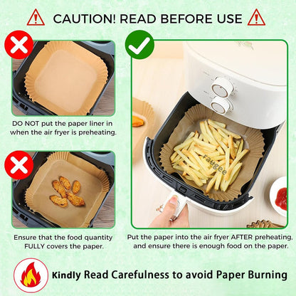 100pcs Air Fryer Paper Liners Disposable Non-Stick Parchment Paper Waterproof Oil-Proof Square Round Liners for Baking Roasting