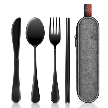 5Pcs Stainless Steel Dinnerware Set Tableware Spoon Fork Knife Chopsticks Kit with Storage Bag Kitchen Household Cutlery Set