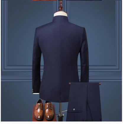 (Jacket+Pants) Men Fashion Simple Wedding Suit Black / Blue / Wine Red 2025 Homme Stand up Collar Business Social Dress 2Piece