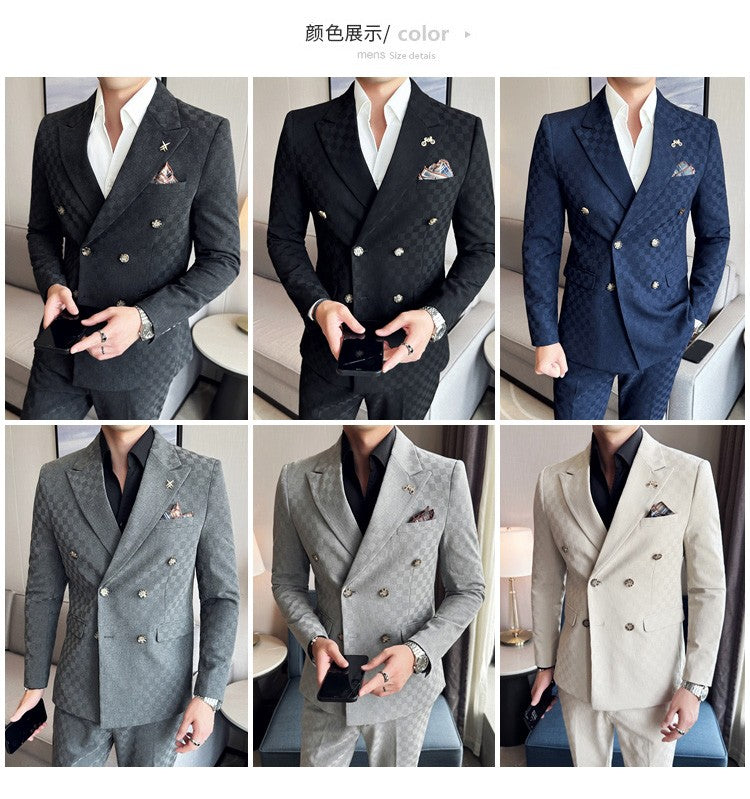 (Jacket+Pants)Luxury Checkered Double Breasted Suit  2 Pieces Fashion Business Slim Fit Social   Formal Suit Evening Dress 5XL-M