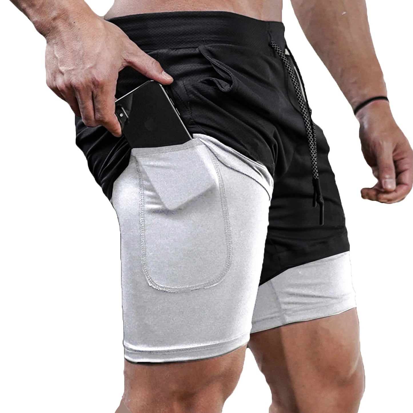 Men's Double Layer Fitness Shorts Drawstring Mesh Lining Elastic Waist Breathable Quick Dry to Beach Pool Summer Male